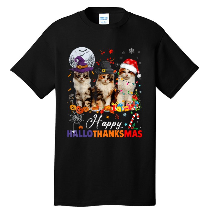 Cat Halloween Christmas Happy Hallothanksmas Thanksgiving Tall T-Shirt