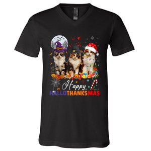 Cat Halloween Christmas Happy Hallothanksmas Thanksgiving V-Neck T-Shirt