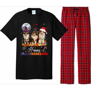 Cat Halloween Christmas Happy Hallothanksmas Thanksgiving Pajama Set