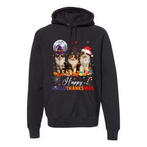 Cat Halloween Christmas Happy Hallothanksmas Thanksgiving Premium Hoodie