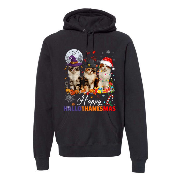 Cat Halloween Christmas Happy Hallothanksmas Thanksgiving Premium Hoodie