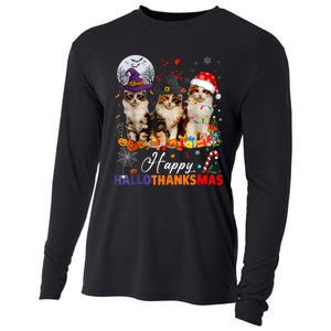 Cat Halloween Christmas Happy Hallothanksmas Thanksgiving Cooling Performance Long Sleeve Crew