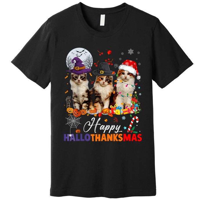 Cat Halloween Christmas Happy Hallothanksmas Thanksgiving Premium T-Shirt