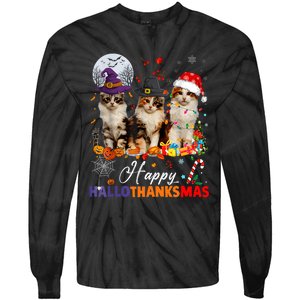 Cat Halloween Christmas Happy Hallothanksmas Thanksgiving Tie-Dye Long Sleeve Shirt