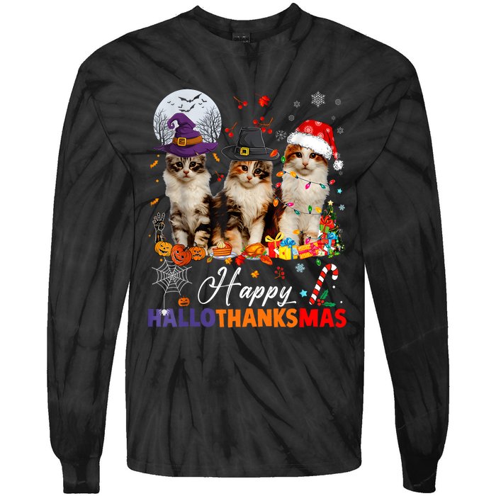 Cat Halloween Christmas Happy Hallothanksmas Thanksgiving Tie-Dye Long Sleeve Shirt