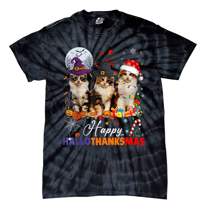 Cat Halloween Christmas Happy Hallothanksmas Thanksgiving Tie-Dye T-Shirt