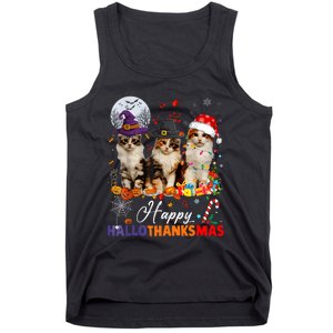 Cat Halloween Christmas Happy Hallothanksmas Thanksgiving Tank Top