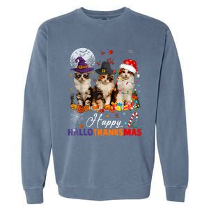 Cat Halloween Christmas Happy Hallothanksmas Thanksgiving Garment-Dyed Sweatshirt