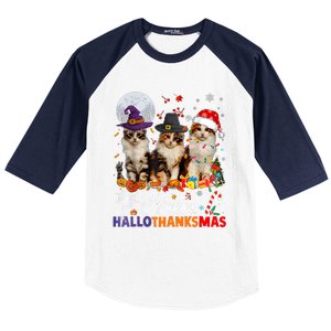 Cat Halloween Christmas Happy Hallothanksmas Thanksgiving Baseball Sleeve Shirt