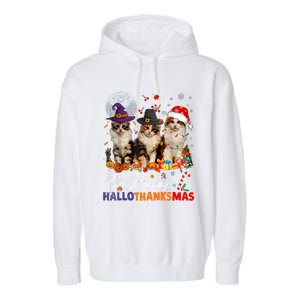 Cat Halloween Christmas Happy Hallothanksmas Thanksgiving Garment-Dyed Fleece Hoodie