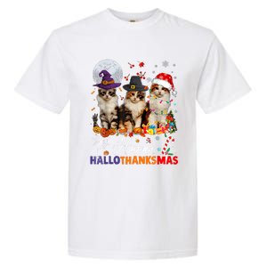 Cat Halloween Christmas Happy Hallothanksmas Thanksgiving Garment-Dyed Heavyweight T-Shirt