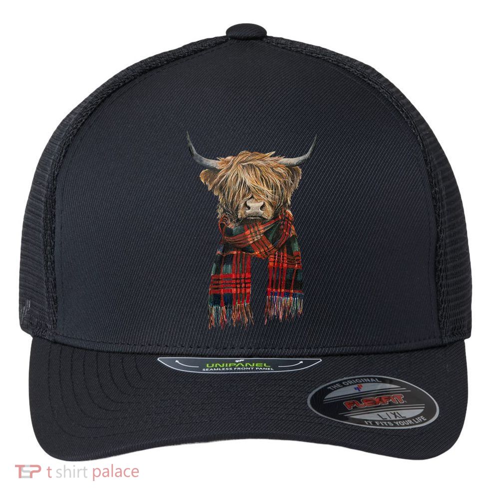 Cute Highland Cow Wearing Buffalo Plaid Scarf Farming Farmer Gift Flexfit Unipanel Trucker Cap