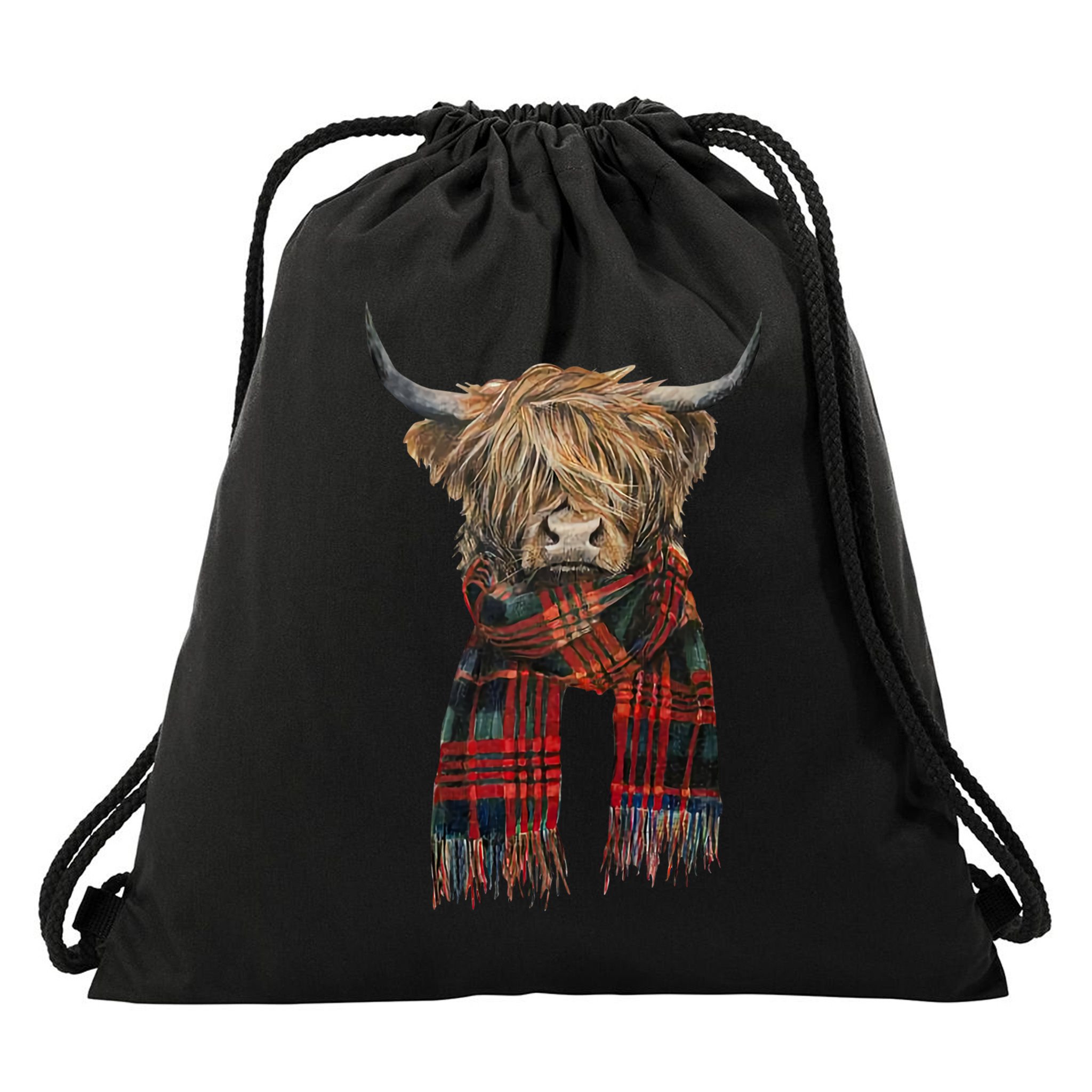 Cute Highland Cow Wearing Buffalo Plaid Scarf Farming Farmer Gift Drawstring Bag