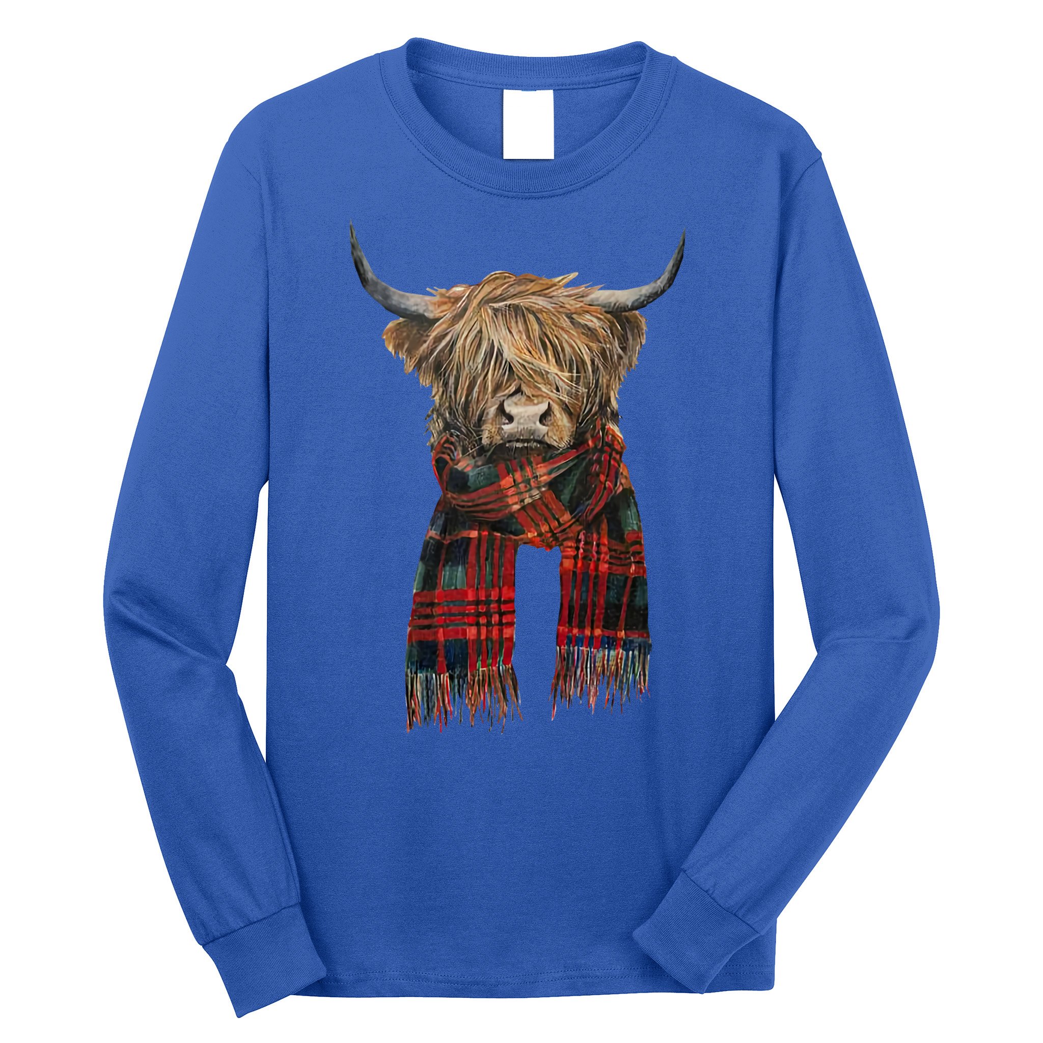 Cute Highland Cow Wearing Buffalo Plaid Scarf Farming Farmer Gift Long Sleeve Shirt