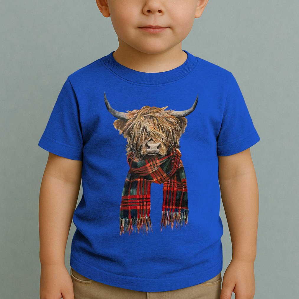 Cute Highland Cow Wearing Buffalo Plaid Scarf Farming Farmer Gift Toddler T-Shirt