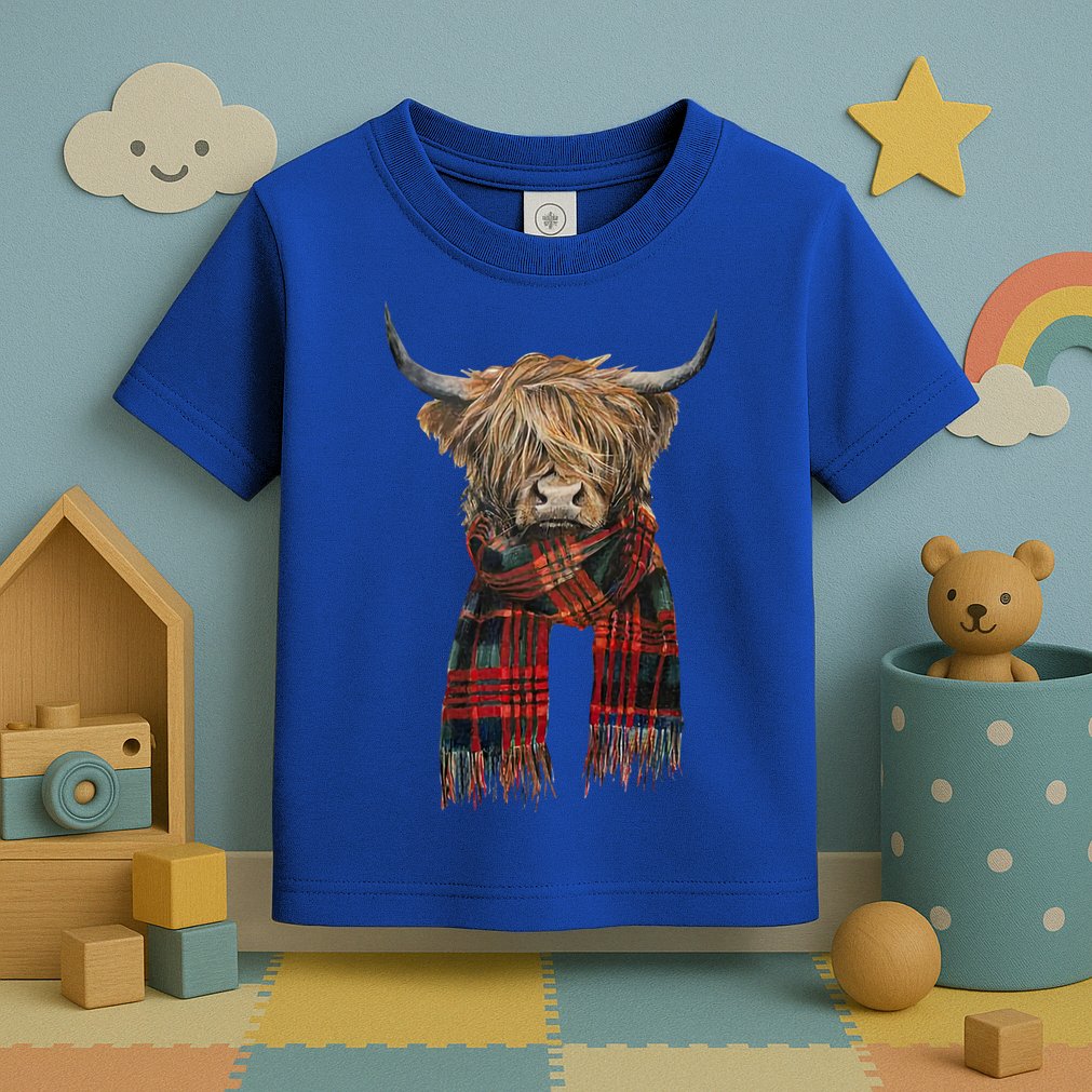 Cute Highland Cow Wearing Buffalo Plaid Scarf Farming Farmer Gift Toddler T-Shirt