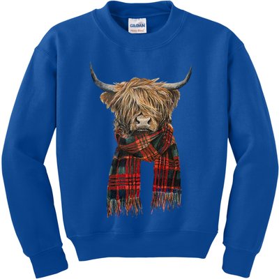 Cute Highland Cow Wearing Buffalo Plaid Scarf Farming Farmer Gift Kids Sweatshirt