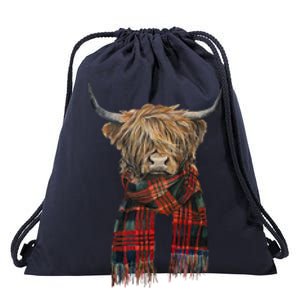 Cute Highland Cow Wearing Buffalo Plaid Scarf Farming Farmer Gift Drawstring Bag