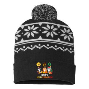 Cat Halloween Christmas Happy Hallothanksmas Thanksgiving USA-Made Snowflake Beanie