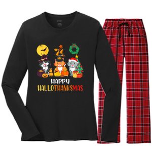 Cat Halloween Christmas Happy Hallothanksmas Thanksgiving Women's Long Sleeve Flannel Pajama Set 