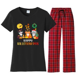 Cat Halloween Christmas Happy Hallothanksmas Thanksgiving Women's Flannel Pajama Set