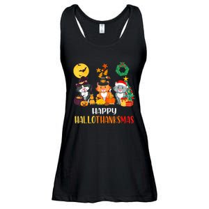 Cat Halloween Christmas Happy Hallothanksmas Thanksgiving Ladies Essential Flowy Tank