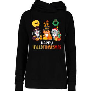 Cat Halloween Christmas Happy Hallothanksmas Thanksgiving Womens Funnel Neck Pullover Hood