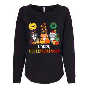 Cat Halloween Christmas Happy Hallothanksmas Thanksgiving Womens California Wash Sweatshirt