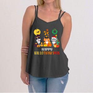 Cat Halloween Christmas Happy Hallothanksmas Thanksgiving Women's Strappy Tank