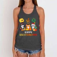 Cat Halloween Christmas Happy Hallothanksmas Thanksgiving Women's Knotted Racerback Tank