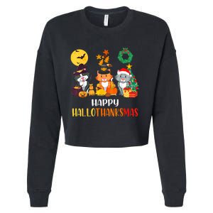 Cat Halloween Christmas Happy Hallothanksmas Thanksgiving Cropped Pullover Crew