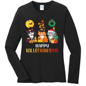 Cat Halloween Christmas Happy Hallothanksmas Thanksgiving Ladies Long Sleeve Shirt