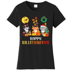 Cat Halloween Christmas Happy Hallothanksmas Thanksgiving Women's T-Shirt