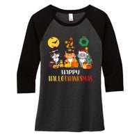 Cat Halloween Christmas Happy Hallothanksmas Thanksgiving Women's Tri-Blend 3/4-Sleeve Raglan Shirt