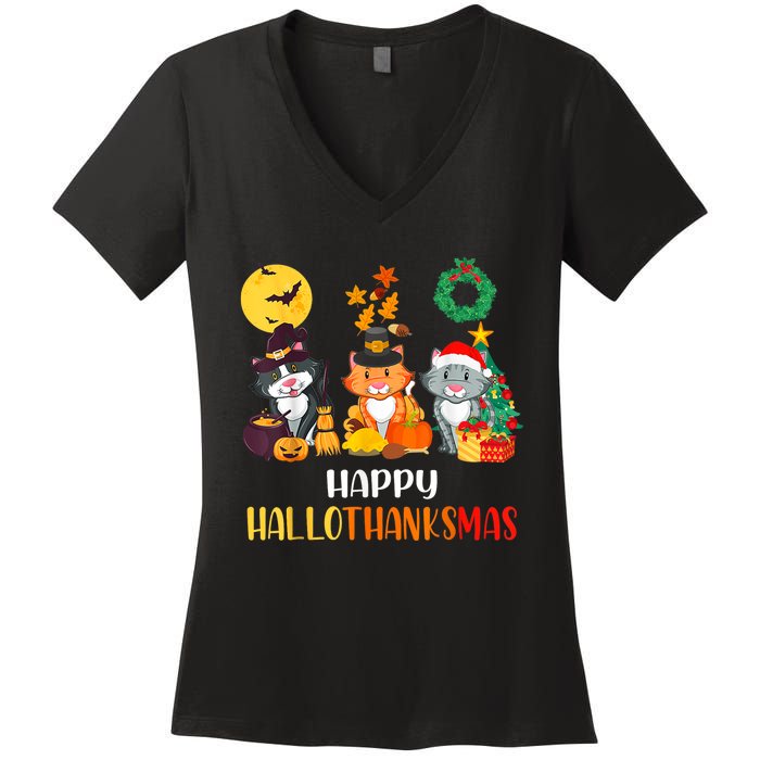 Cat Halloween Christmas Happy Hallothanksmas Thanksgiving Women's V-Neck T-Shirt