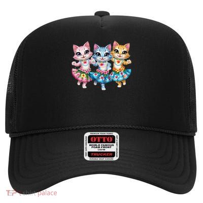 Cute Hawaiian Dancing Cats Gift High Crown Mesh Back Trucker Hat