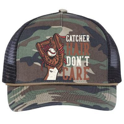 Catcher Hair Don't Care | Funny Softball Catcher Retro Rope Trucker Hat Cap