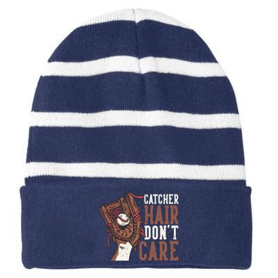 Catcher Hair Don't Care | Funny Softball Catcher Striped Beanie with Solid Band