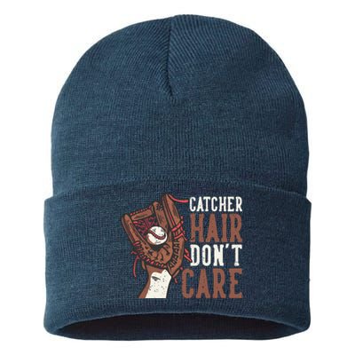 Catcher Hair Don't Care | Funny Softball Catcher Sustainable Knit Beanie