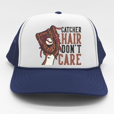 Catcher Hair Don't Care | Funny Softball Catcher Trucker Hat