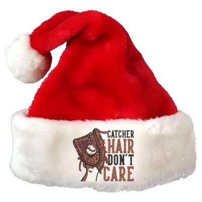 Catcher Hair Don't Care | Funny Softball Catcher Premium Christmas Santa Hat