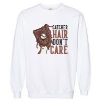 Catcher Hair Don't Care | Funny Softball Catcher Garment-Dyed Sweatshirt