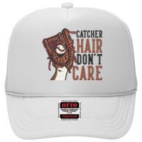 Catcher Hair Don't Care | Funny Softball Catcher High Crown Mesh Back Trucker Hat