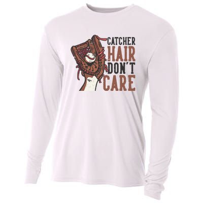 Catcher Hair Don't Care | Funny Softball Catcher Cooling Performance Long Sleeve Crew