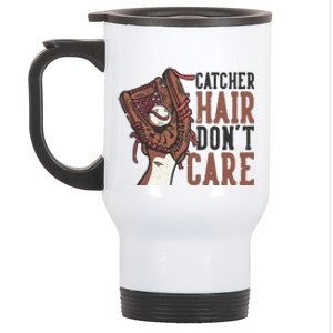 Catcher Hair Don't Care | Funny Softball Catcher Stainless Steel Travel Mug