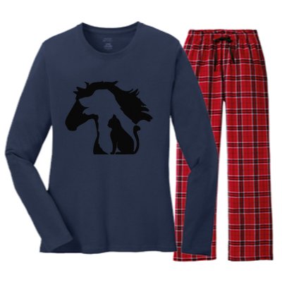 Cute Horse Dog Cat Lover Tee Funny Mothers Day Women's Long Sleeve Flannel Pajama Set 