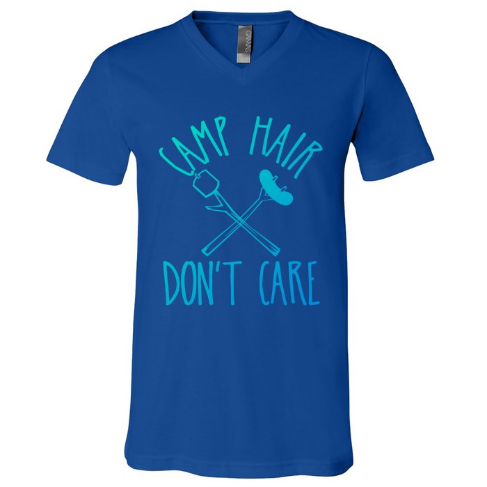 Camp Hair Dont Care Cute Camping Adventure Funny Gift V-Neck T-Shirt