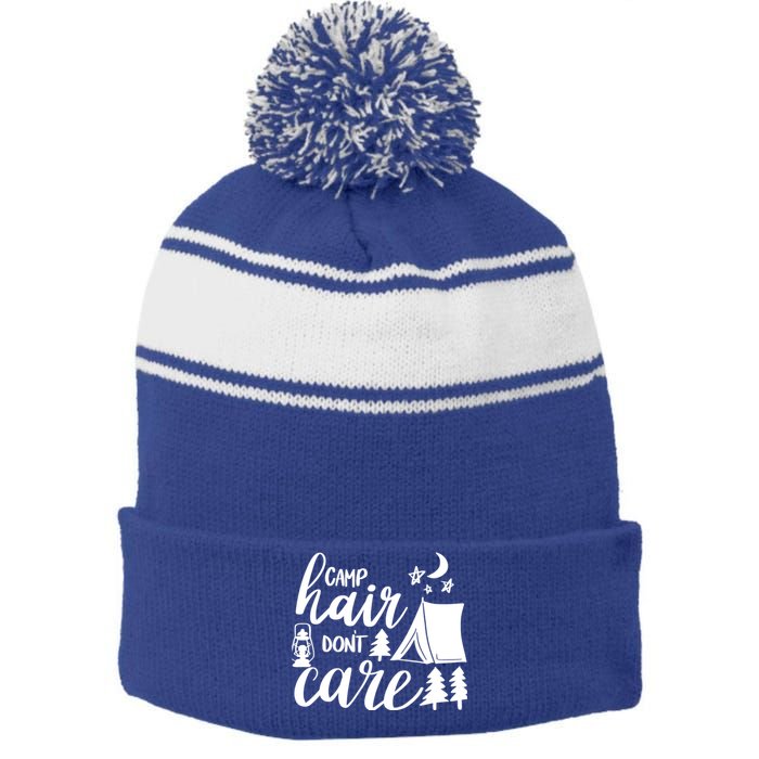 Camp Hair Dont Care Camping Hiking Mountaineering Gift Stripe Pom Pom Beanie