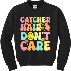 Catcher Hair DonT Care Softball Catcher Softball Player Kids Sweatshirt