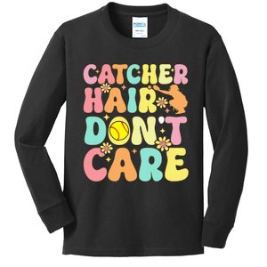 Catcher Hair DonT Care Softball Catcher Softball Player Kids Long Sleeve Shirt